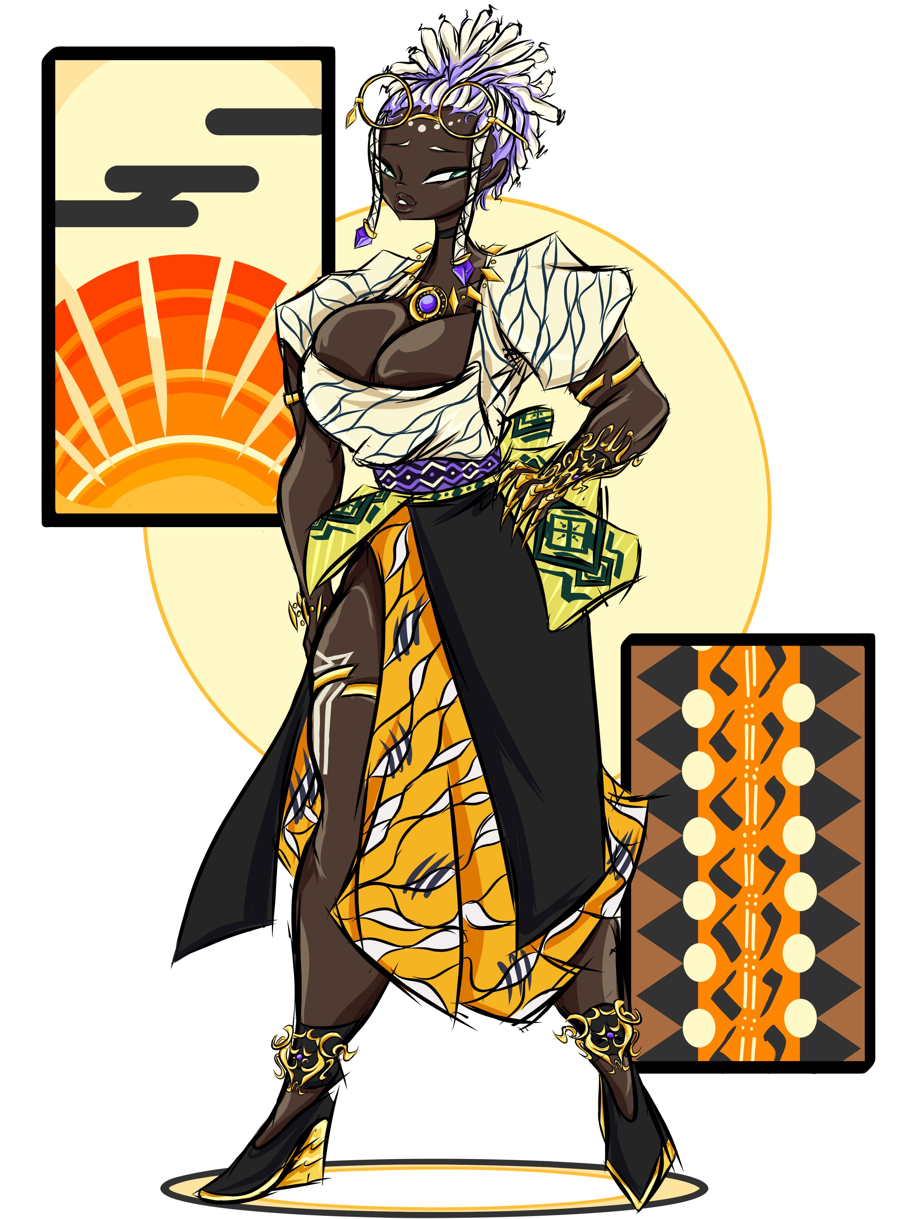 dolores (kof), the king of fighters, absurdres, highres, 1girl, bodypaint, braid, breasts, curvy, dark-skinned female, dark skin, dress, female focus, glasses, glasses on head, gold, green eyes, huge breasts, large breasts, long hair, multicolored hair, purple hair, round eyewear, skirt, standing, thedrown1, thick lips, thick thighs, thighs, two-tone hair, white hair, wide hips