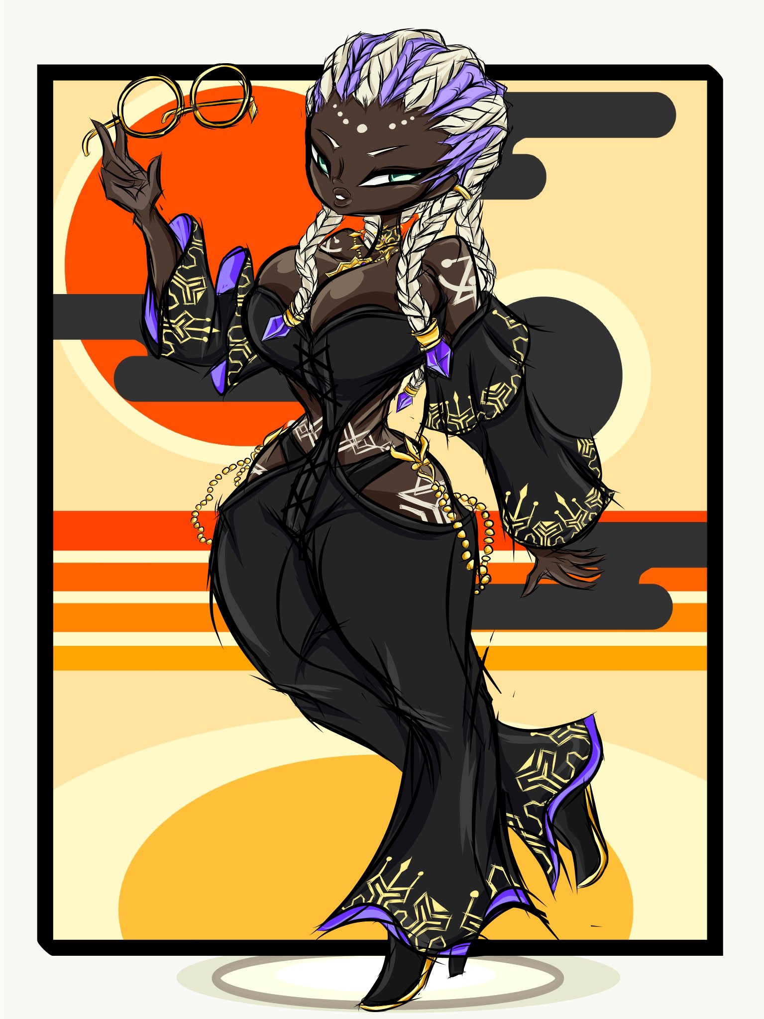 dolores (kof), the king of fighters, highres, 1girl, bodypaint, braid, breasts, dark-skinned female, dark skin, dress, female focus, glasses, gold, green eyes, huge breasts, large breasts, long hair, multicolored hair, purple hair, round eyewear, standing, thedrown1, thick lips, thick thighs, thighs, two-tone hair, white hair