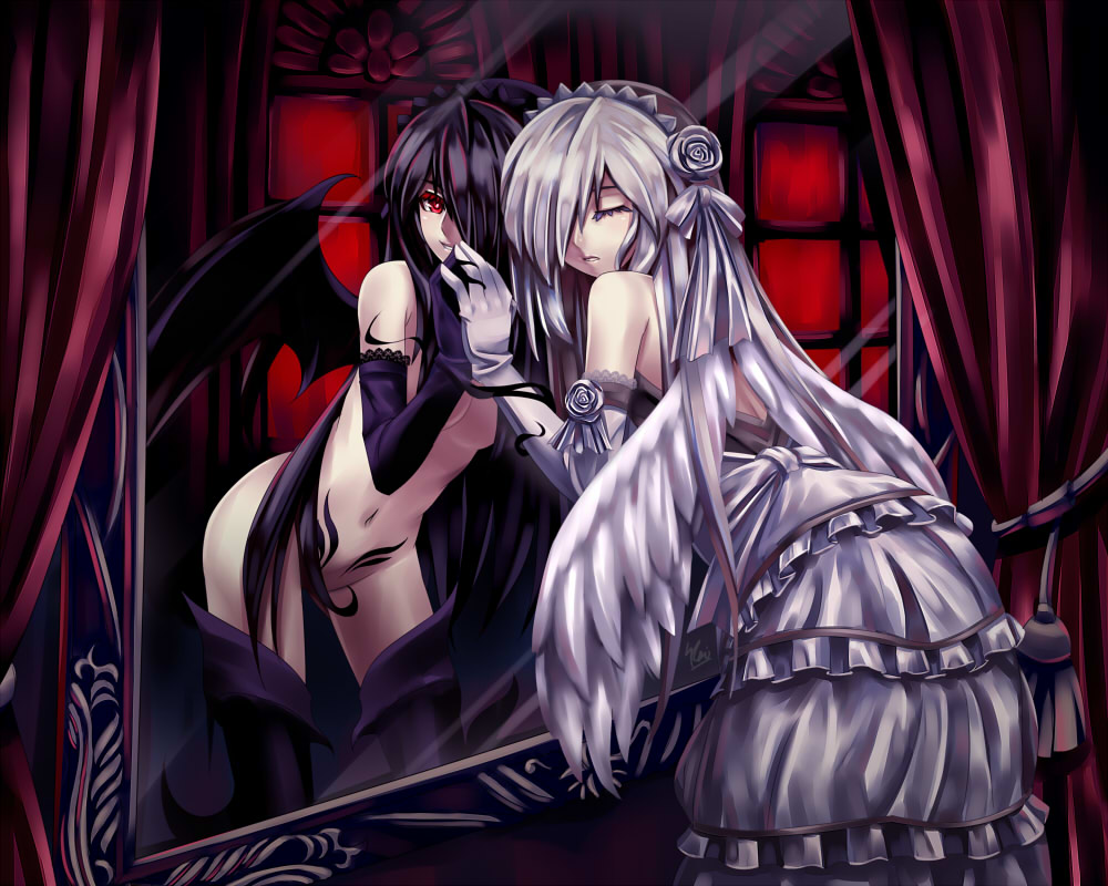 kaizeru, original, 2girls, angel, angel wings, closed eyes, demon girl, demon wings, elbow gloves, gloves, hair over one eye, lolita fashion, mirror, multiple girls, red eyes, wings