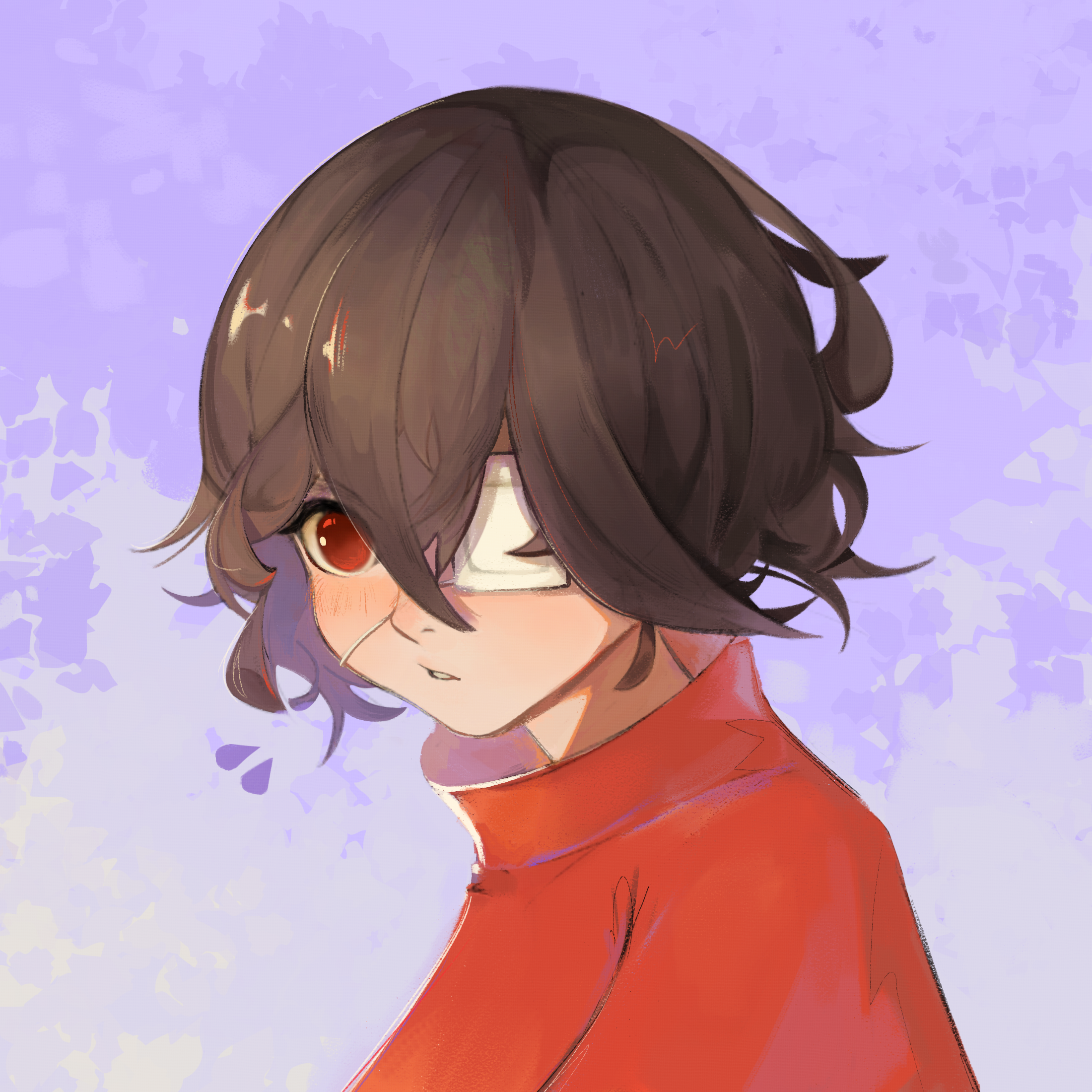 blue picmi, misaki mei, another, highres, 1girl, alternate costume, black hair, blush, cloak, eyepatch, hair between eyes, looking at viewer, medical eyepatch, one eye covered, red cloak, red eyes, short hair, solo