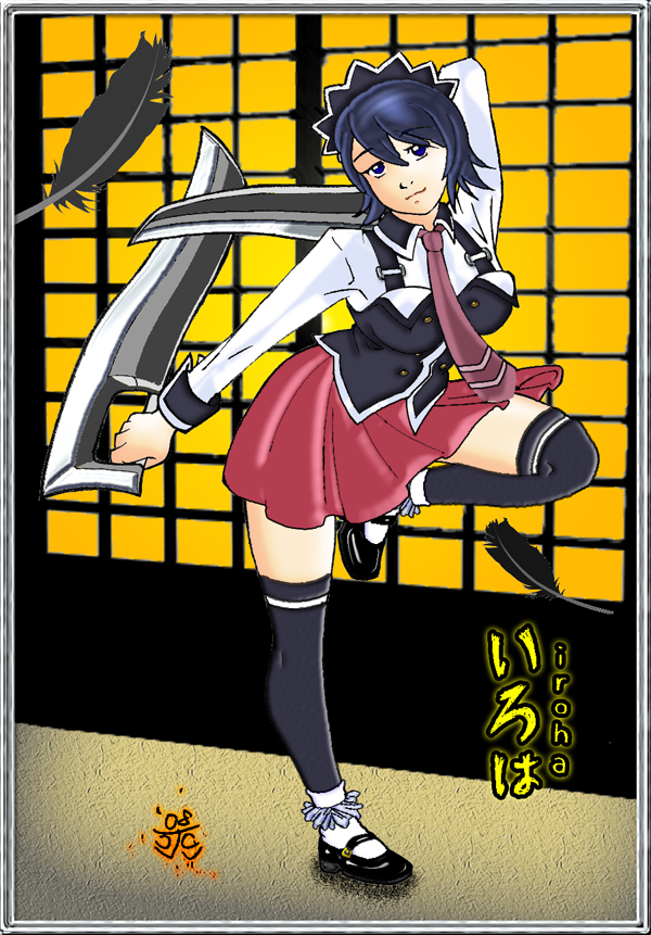 suichiro tanaka, iroha (samurai spirits), bible black, samurai spirits, 1girl, anklet, cosplay, female focus, frills, jewelry, mary janes, pleated skirt, school uniform, shoes, shouji, skirt, sliding doors, socks, solo, sword, weapon