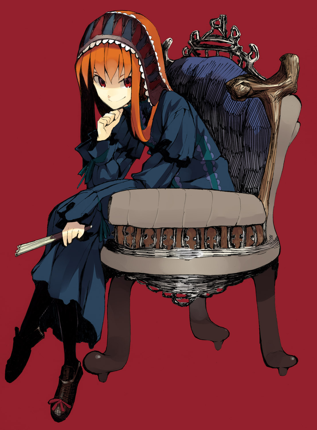 hama (22ji kara 24ji), original, highres, 1girl, chair, crossed legs, dress, female focus, gothic lolita, hairband, head rest, lolita fashion, long hair, orange hair, red eyes, sitting, smile, solo