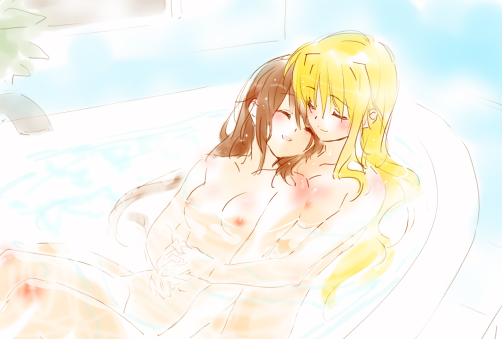 tokoharu, fate testarossa, takamachi nanoha, lyrical nanoha, mahou shoujo lyrical nanoha, mahou shoujo lyrical nanoha strikers, bad id, bad pixiv id, 00s, 2girls, bath, bathing, blonde hair, blush, breasts, brown hair, closed eyes, completely nude, couple, cuddling, happy, holding hands, hug, long hair, multiple girls, nipples, nude, sketch, smile, steam, water, wet, yuri