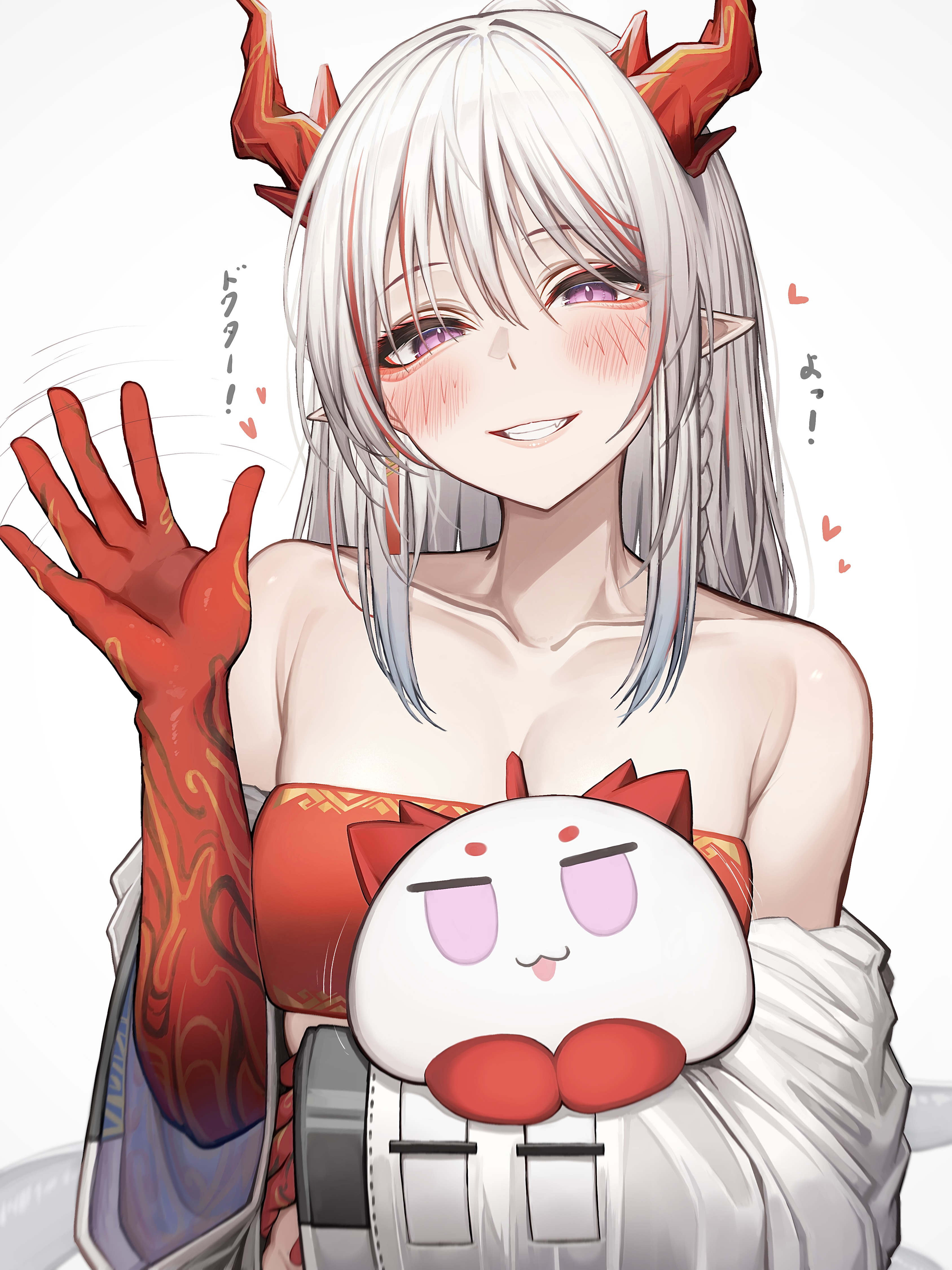 tab head, nian (arknights), arknights, absurdres, commentary request, highres, 1girl, bandeau, bare shoulders, blush, breasts, cleavage, collarbone, colored extremities, colored skin, dragon girl, dragon horns, grey hair, hand up, horns, long hair, looking at viewer, medium breasts, multicolored hair, off shoulder, pointy ears, purple eyes, red hands, red horns, red skin, red tube top, simple background, smile, strapless, streaked hair, tube top, upper body, white background