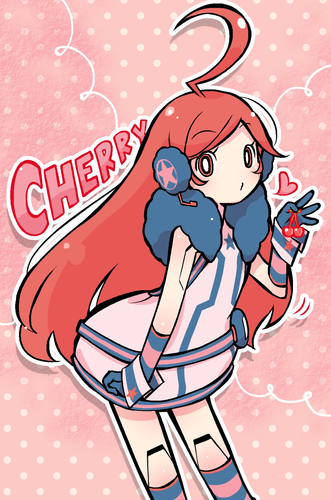 negiwave2000, sf-a2 miki, vocaloid, commentary, hashtag-only commentary, highres, 1girl, ahoge, belt, cherry, dress, food, fruit, fur collar, gloves, headphones, headset, holding, holding food, holding fruit, huge ahoge, joints, kneehighs, long hair, looking at viewer, outline, pink background, polka dot, polka dot background, red eyes, red hair, robot joints, sleeveless, sleeveless dress, socks, solo, striped clothes, striped gloves, striped socks, very long hair, white outline, wrist cuffs