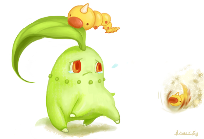 shibuzoh, chikorita, weedle, nintendo, pokemon, pokemon gsc, pokemon rgby, 1990s (style), biting, gen 1 pokemon, gen 2 pokemon, leaf, no humans, pokemon (creature), retro artstyle, tears