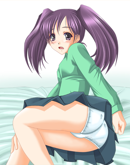 shuko kido (mega man), capcom, mega man (series), mega man battle network, 00s, 1girl, ass, bed, blouse, blue panties, blush, female focus, long sleeves, lying, miniskirt, on side, panties, pantyshot, pleated skirt, purple eyes, purple hair, shirt, short twintails, skirt, solo, surprised, twintails, underwear, upskirt