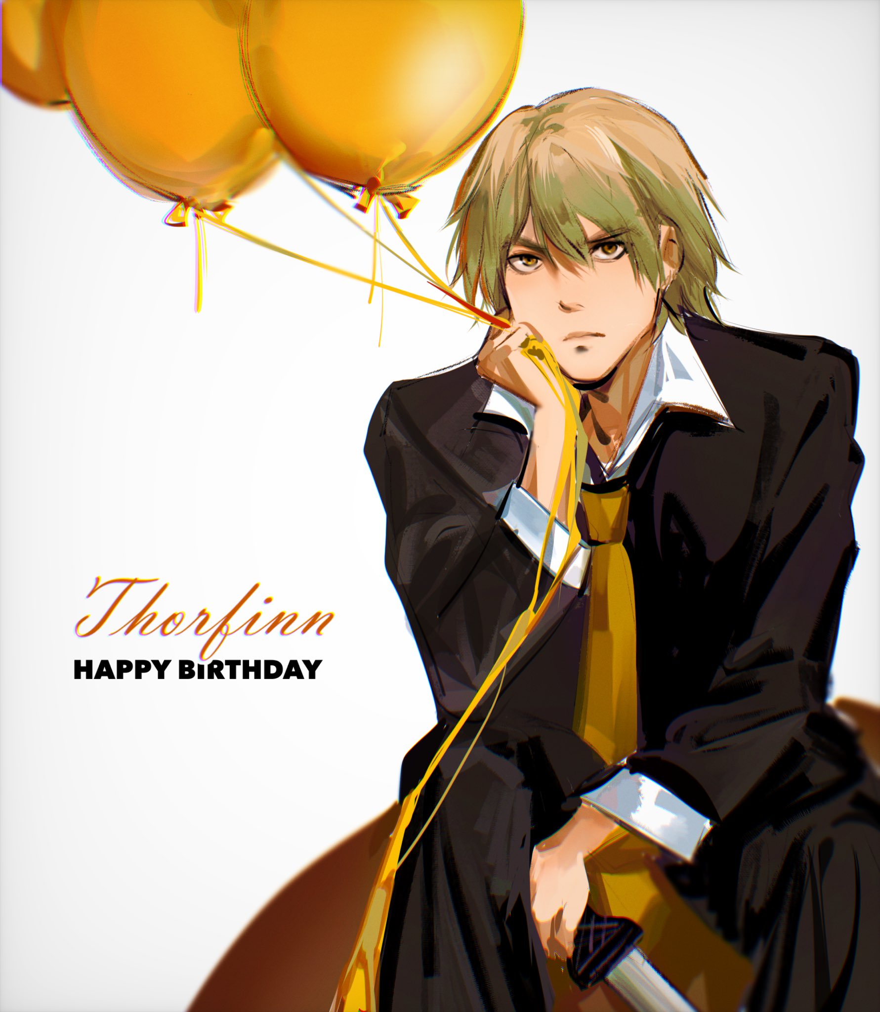 canutie, thorfinn, vinland saga, 1boy, balloon, black suit, blonde hair, brown eyes, character name, closed mouth, contemporary, dagger, english text, formal clothes, hair between eyes, hand on own face, happy birthday, holding, holding balloon, holding dagger, holding knife, holding weapon, knife, looking at viewer, male focus, necktie, orange necktie, shirt, sitting, solo, suit, weapon, white shirt, wing collar