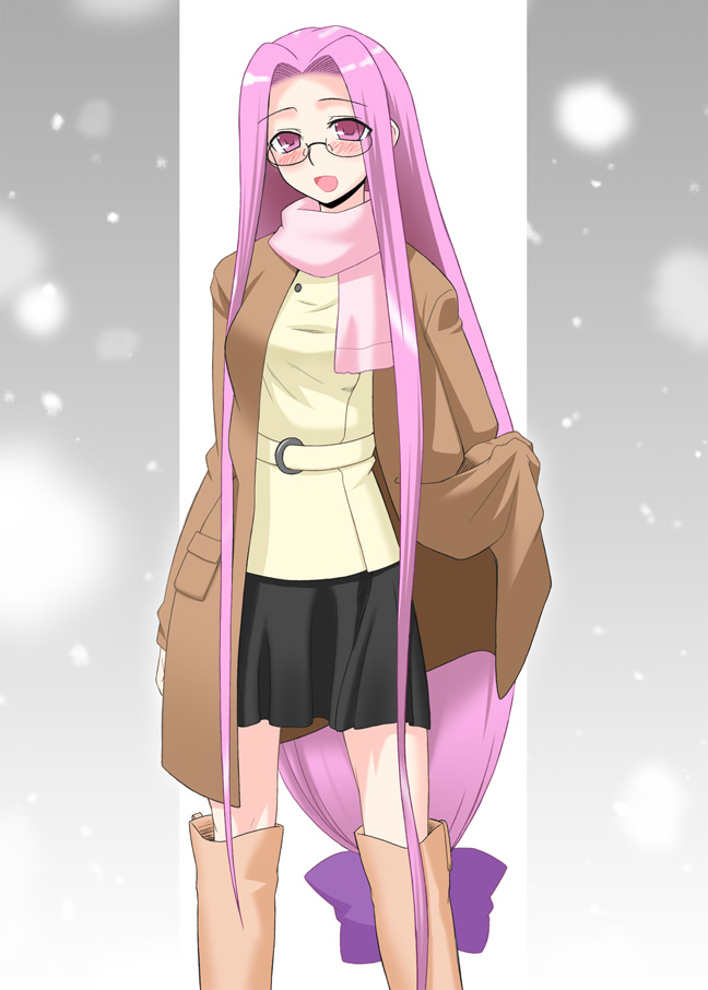 siseru samurai, medusa (fate), medusa (rider) (fate), fate/stay night, fate (series), 00s, 1girl, alternate costume, blush, boots, casual, coat, female focus, glasses, long hair, low-tied long hair, open mouth, purple eyes, purple hair, scarf, skirt, solo, square pupils, very long hair