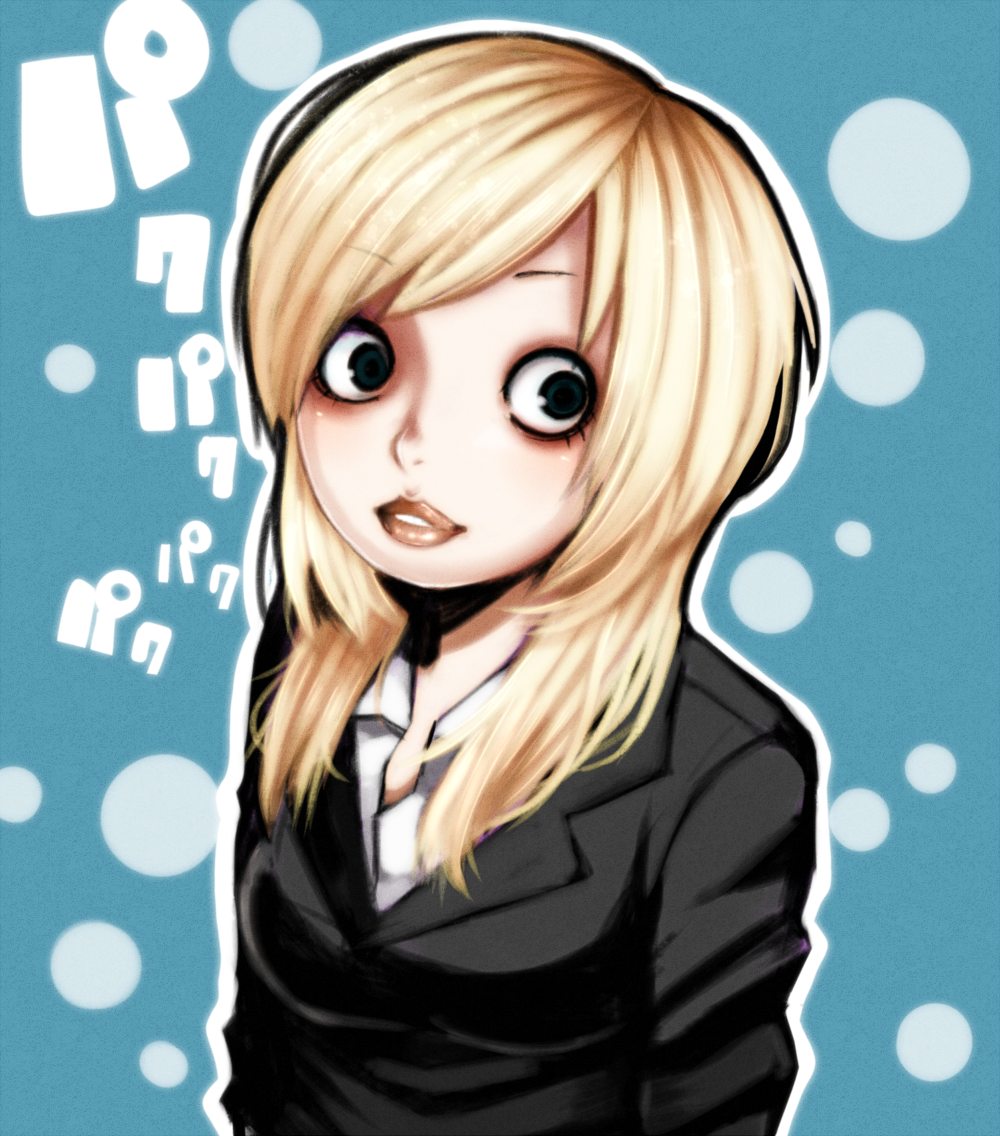agi (neckless), undine (azazel-san), yondemasu yo azazel-san., commentary request, 1girl, black eyes, black jacket, blonde hair, breasts, brown lips, jacket, medium breasts, office lady, outline, parted lips, solo