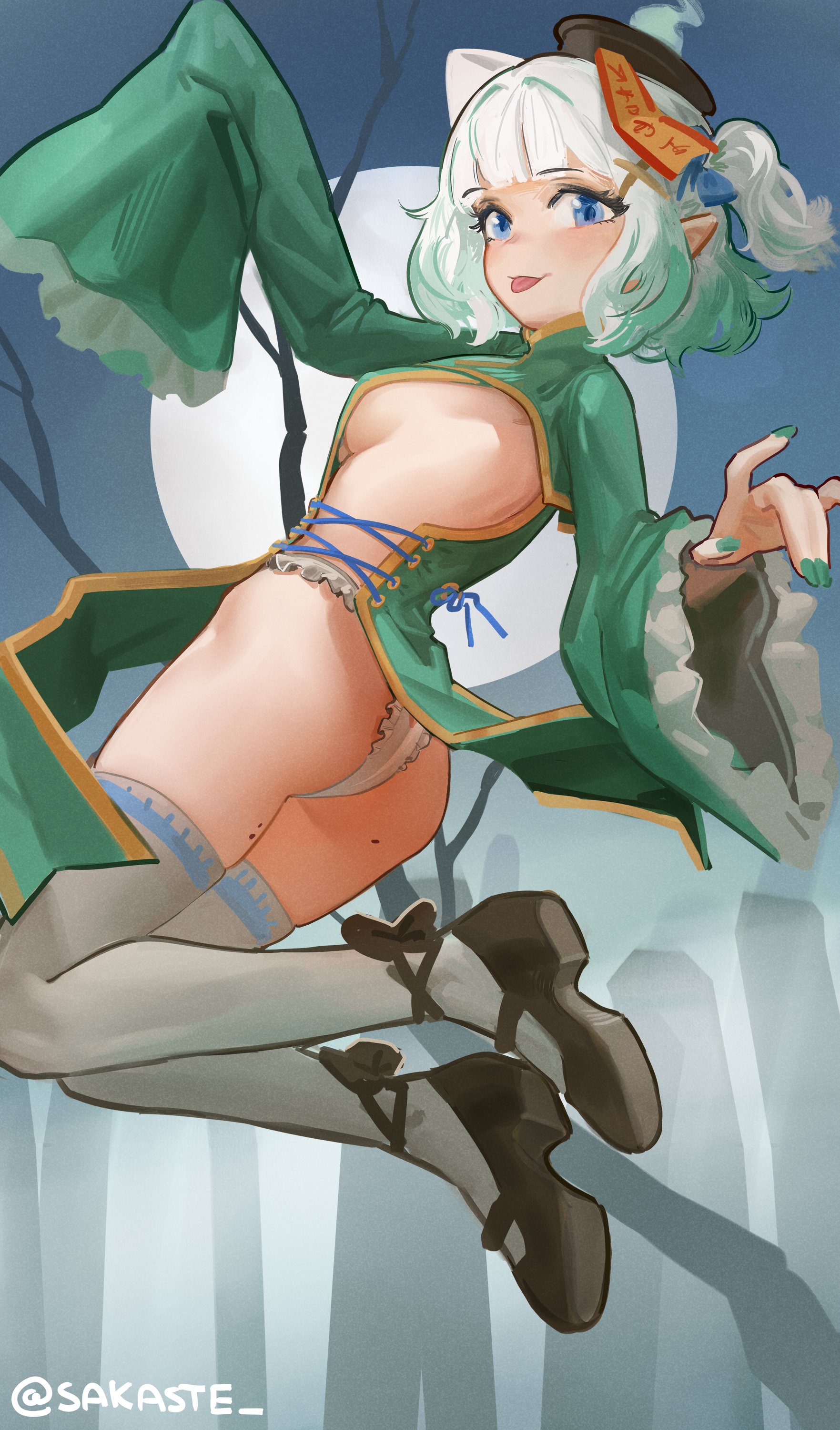 sakaste, mint fantome, indie virtual youtuber, absurdres, highres, ass, blue eyes, breasts, china dress, chinese clothes, covered erect nipples, dress, floating, from side, full body, ghost, green dress, green hair, green nails, halloween, jiangshi, long sleeves, looking at viewer, mary janes, medium breasts, medium hair, mole, mole on thigh, moon, panties, pantyshot, pointy ears, shoes, sideboob, sideless outfit, sleeves past fingers, sleeves past wrists, smile, thighhighs, thong, tongue, tongue out, twitter username, underwear, virtual youtuber, white hair