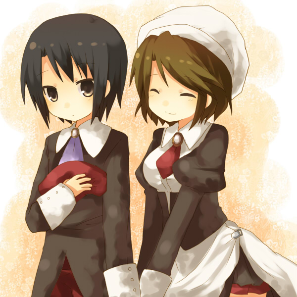 yuzuki (yuduame), kanon (umineko), shannon (umineko), umineko no naku koro ni, 00s, 1boy, 1girl, brown hair, closed eyes, hat, maid, necktie, short hair