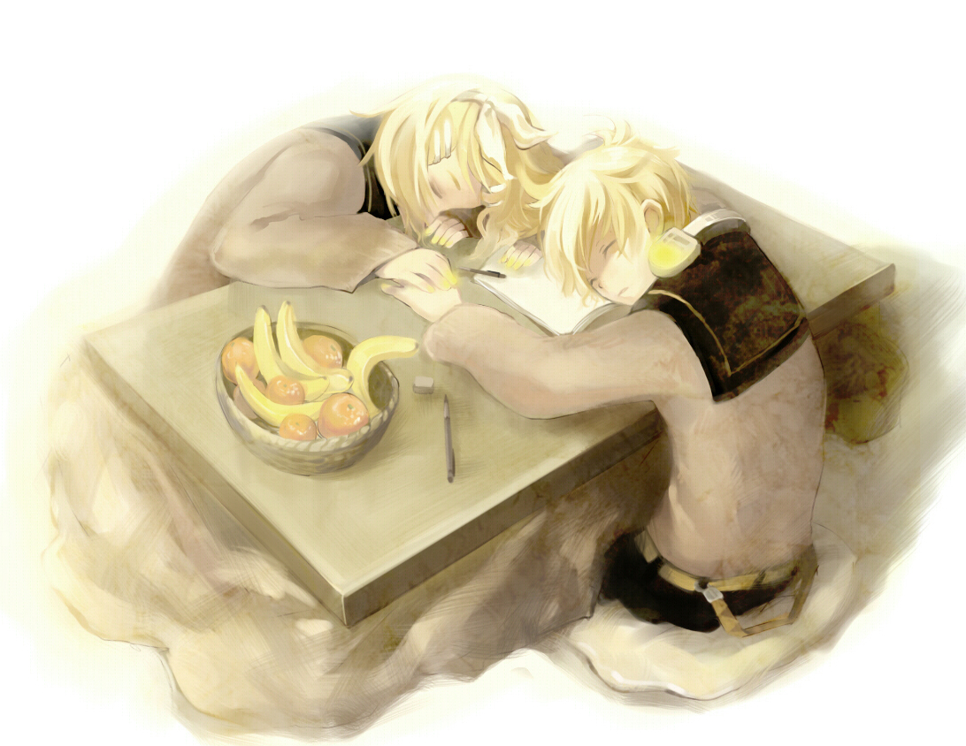shell (shell518), kagamine len, kagamine rin, vocaloid, bad id, bad pixiv id, 1boy, 1girl, banana, blonde hair, brother and sister, eraser, food, fruit, hair ornament, hair ribbon, hairclip, hetero, holding hands, kotatsu, mandarin orange, nail polish, orange (fruit), pen, ribbon, siblings, sleeping, table, twins