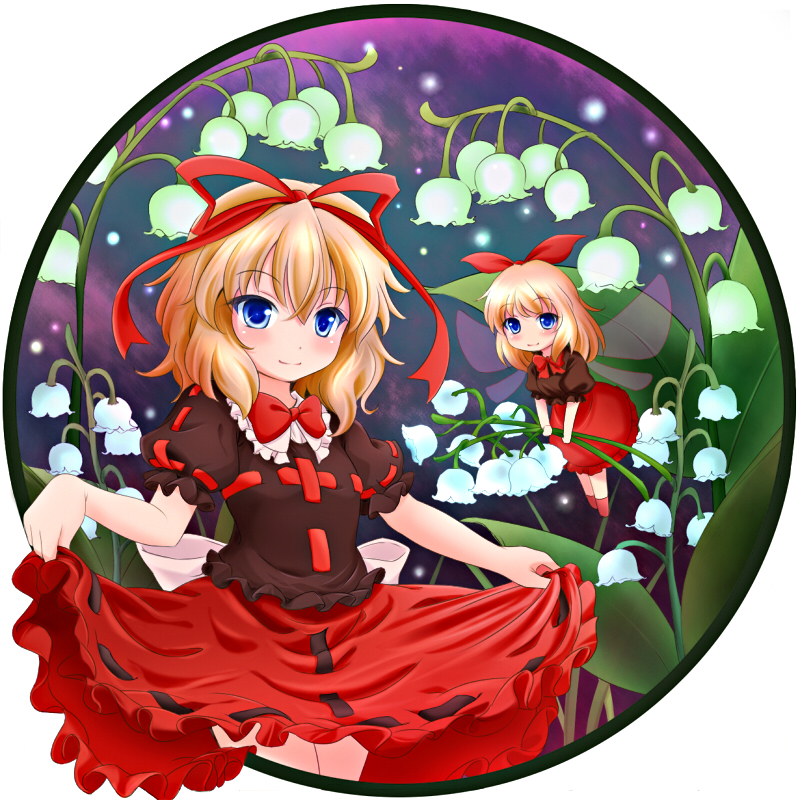 sui. (ayase), medicine melancholy, su-san, touhou, 1girl, blonde hair, blue eyes, circle, female focus, flower, hair ribbon, lily of the valley, ribbon, short hair, skirt, skirt hold, solo