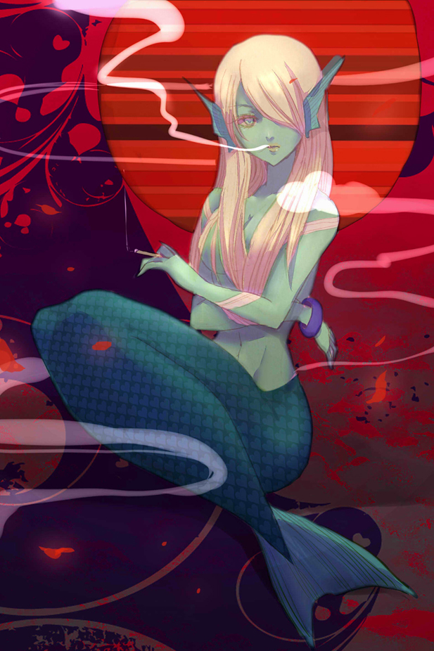 mrd-0203, undine (azazel-san), yondemasu yo azazel-san., commentary request, 1girl, blonde hair, bracelet, breasts, cigarette, colored skin, fins, full body, green eyes, green skin, hair censor, hair over breasts, hair over one eye, head fins, holding, holding cigarette, jewelry, medium breasts, mermaid, monster girl, nude, smoke, smoking, solo