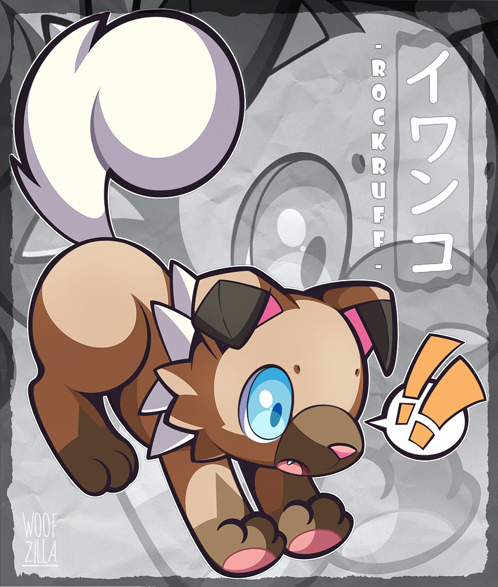 woofzilla, rockruff, nintendo, pokemon, highres, translation request, !, !!, animal focus, blue eyes, character name, dog, fang, full body, gen 7 pokemon, no humans, open mouth, pokemon (creature), solo, spoken exclamation mark, zoom layer