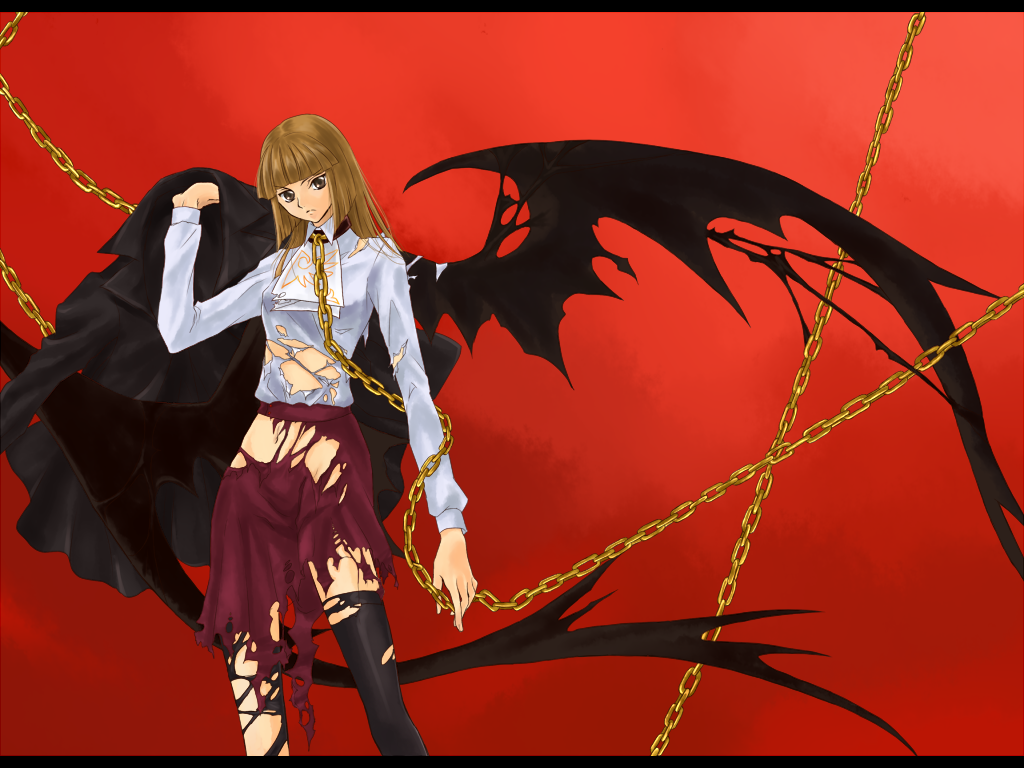 melting scarlet, izayoi aki, koshimizu ami, ushiromiya rosa, code geass, umineko no naku koro ni, yu-gi-oh!, yu-gi-oh! 5d's, bad id, bad pixiv id, derivative work, 1girl, blonde hair, chain, female focus, hime cut, long hair, midriff, parody, solo, thighhighs, torn clothes, voice actor connection, wings