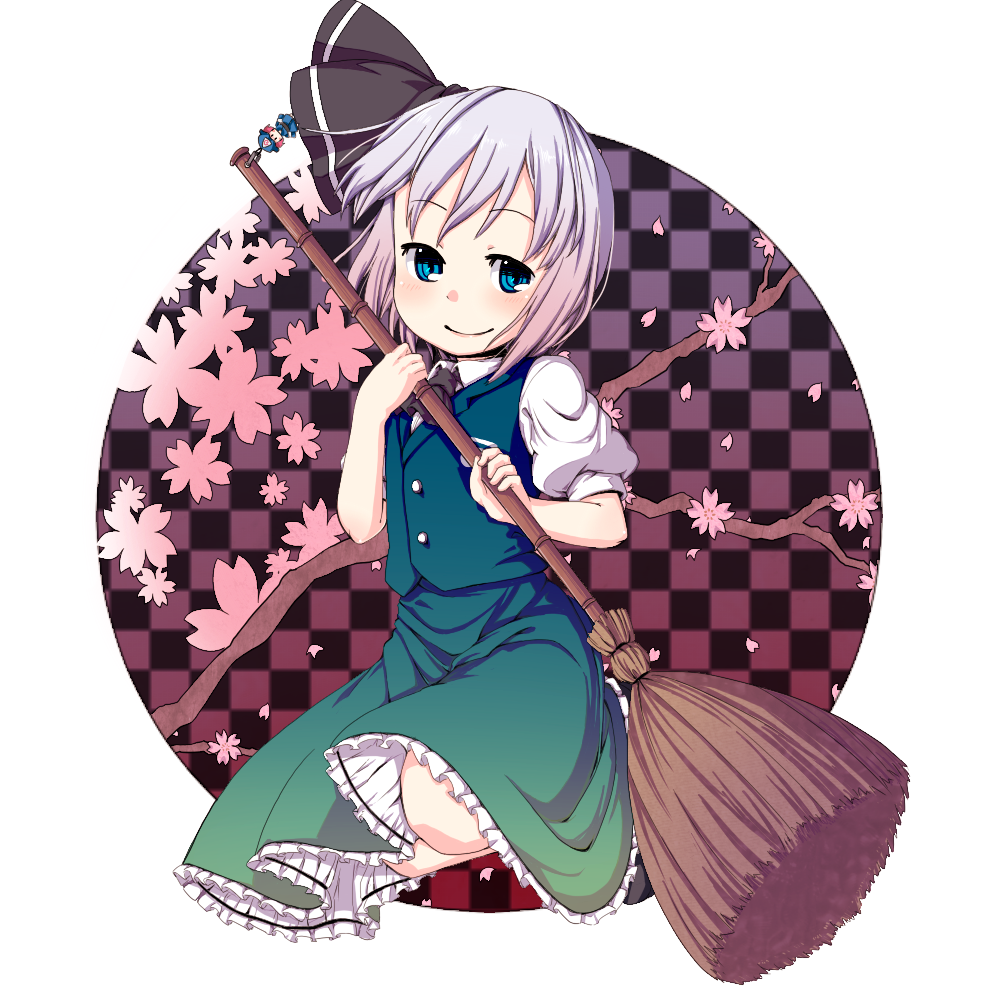 muku (muku-coffee), konpaku youmu, saigyouji yuyuko, touhou, silver hair, 1girl, bamboo broom, blue eyes, broom, character doll, cherry blossoms, circle, doll, female focus, hairband, ribbon, short hair, smile, solo, squatting