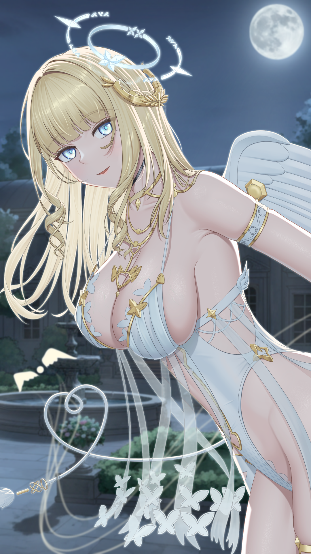 suzhi2333, snowbreak: containment zone, chinese commentary, commentary, highres, 1girl, angel wings, arm strap, bare shoulders, black choker, blonde hair, blue eyes, blunt bangs, breasts, choker, clarina genoura, cleavage, clothing cutout, collarbone, cowboy shot, drill hair, fountain, full moon, gold necklace, halo, jewelry, large breasts, leotard, long hair, looking at viewer, mole, mole under eye, moon, necklace, night, outdoors, parted lips, side drill, sidelocks, smile, solo, standing, stomach, stomach cutout, thighlet, white leotard, wings