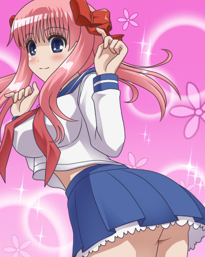 awa, haramura nodoka, saki (manga), lowres, 00s, ass, blue eyes, blush, long hair, no panties, pink background, pink hair, school uniform, serafuku, solo, sparkle