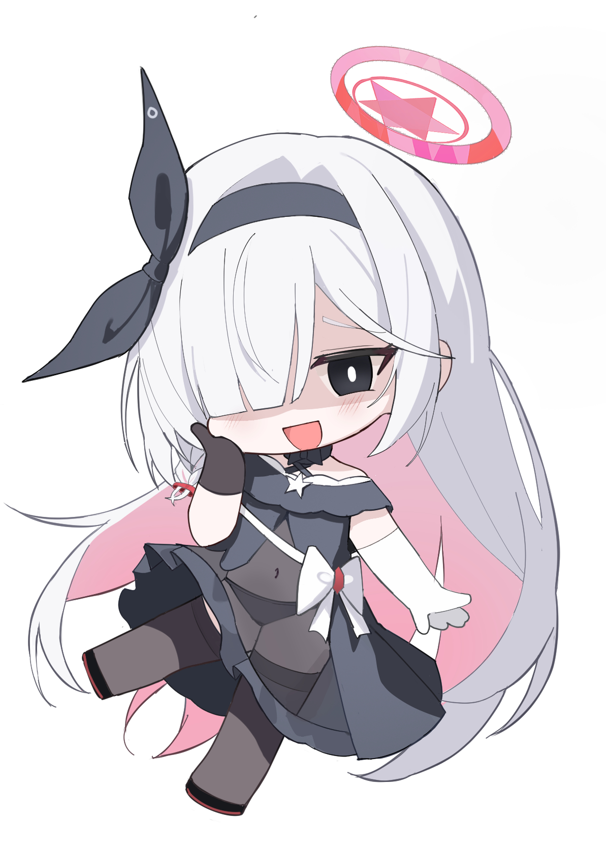 iv (iv70311741), plana (blue archive), blue archive, highres, 1girl, black choker, black dress, black eyes, black gloves, black hairband, black panties, black shoes, black thighhighs, braid, chibi, choker, colored inner hair, dress, full body, gloves, hair over one eye, hairband, halo, long hair, looking at viewer, multicolored hair, open mouth, panties, pink hair, red halo, shoes, simple background, smile, solo, thighhighs, underwear, very long hair, white background, white gloves, white hair