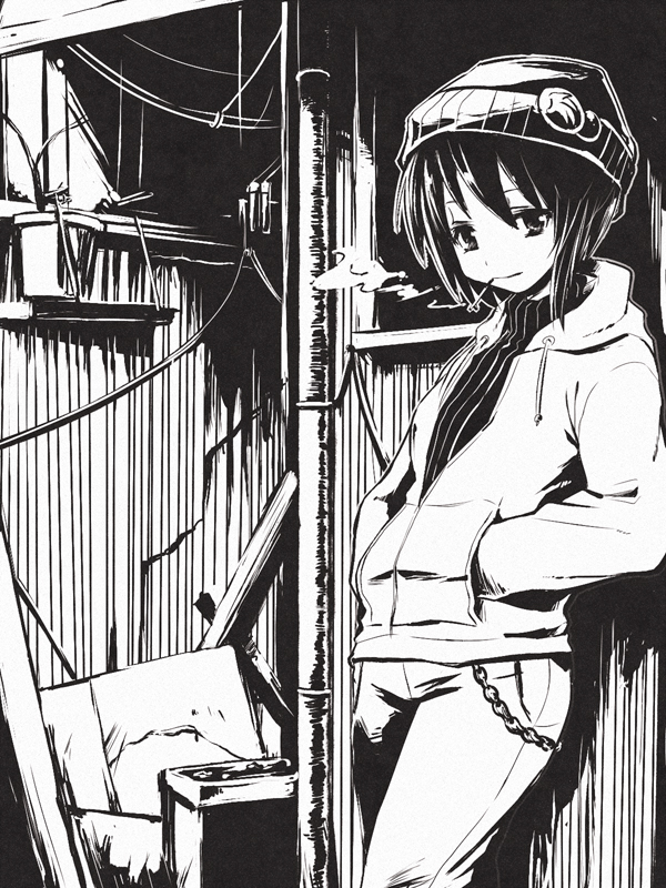 edobox, original, chain, cigarette, greyscale, hands in pockets, hat, monochrome, short hair, smoking, solo