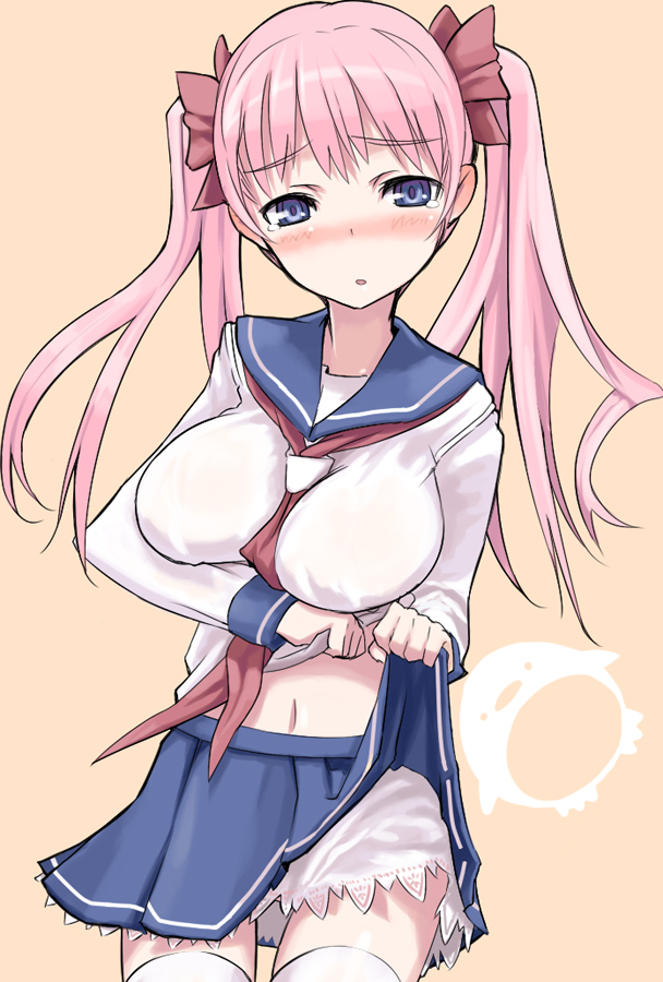 sessue, haramura nodoka, saki (manga), bad id, bad pixiv id, 00s, 1girl, blue eyes, blush, breasts, clothes lift, female focus, large breasts, lingerie, midriff, navel, petticoat, pink hair, school uniform, serafuku, shirt lift, skirt, skirt lift, solo, tears, thighhighs, twintails, underwear