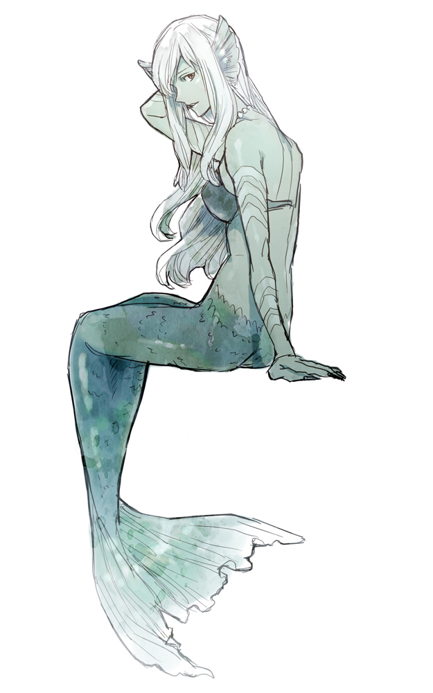 kin (gachi-mascle), undine (azazel-san), yondemasu yo azazel-san., commentary request, 1girl, arm support, bead necklace, beads, bikini, black bikini, brown eyes, colored skin, fins, from side, green skin, hand on own head, head fins, invisible chair, jewelry, long hair, mermaid, monster girl, necklace, sitting, solo, swimsuit, white hair