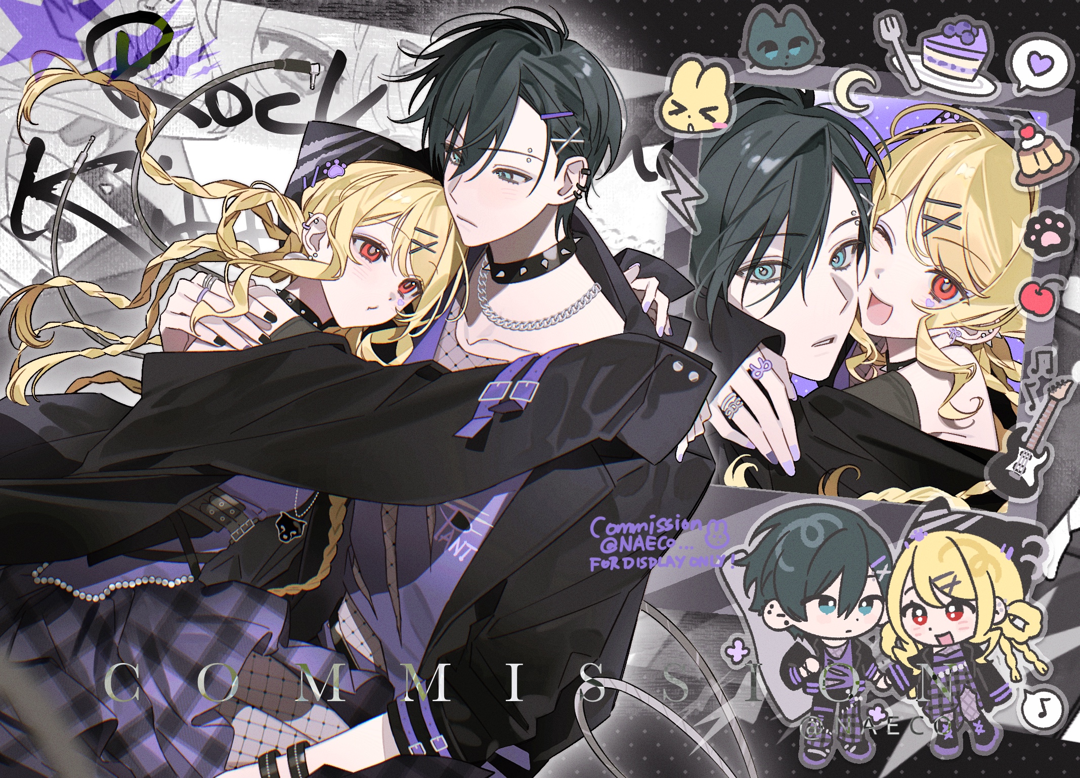 evodtonaeco, original, highres, 1boy, 1girl, black hair, black jacket, black nails, blonde hair, braid, chibi, chibi inset, choker, closed mouth, collar, fishnets, hair ornament, hairclip, heart, hug, jacket, jewelry, long hair, multiple views, open clothes, open jacket, open mouth, plaid clothes, plaid skirt, red eyes, ring, shirt, short hair, skirt, spiked collar, spikes, twin braids, watermark