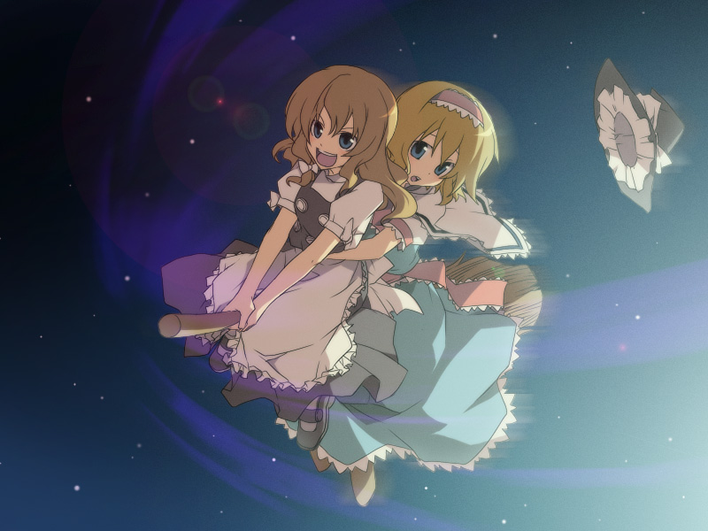 onemu, alice margatroid, kirisame marisa, touhou, bad id, bad pixiv id, 2girls, blonde hair, blue eyes, broom, broom riding, female focus, flying, hairband, hat, long hair, multiple girls, multiple riders, ribbon, short hair, sky, unworn hat, unworn headwear, witch, witch hat