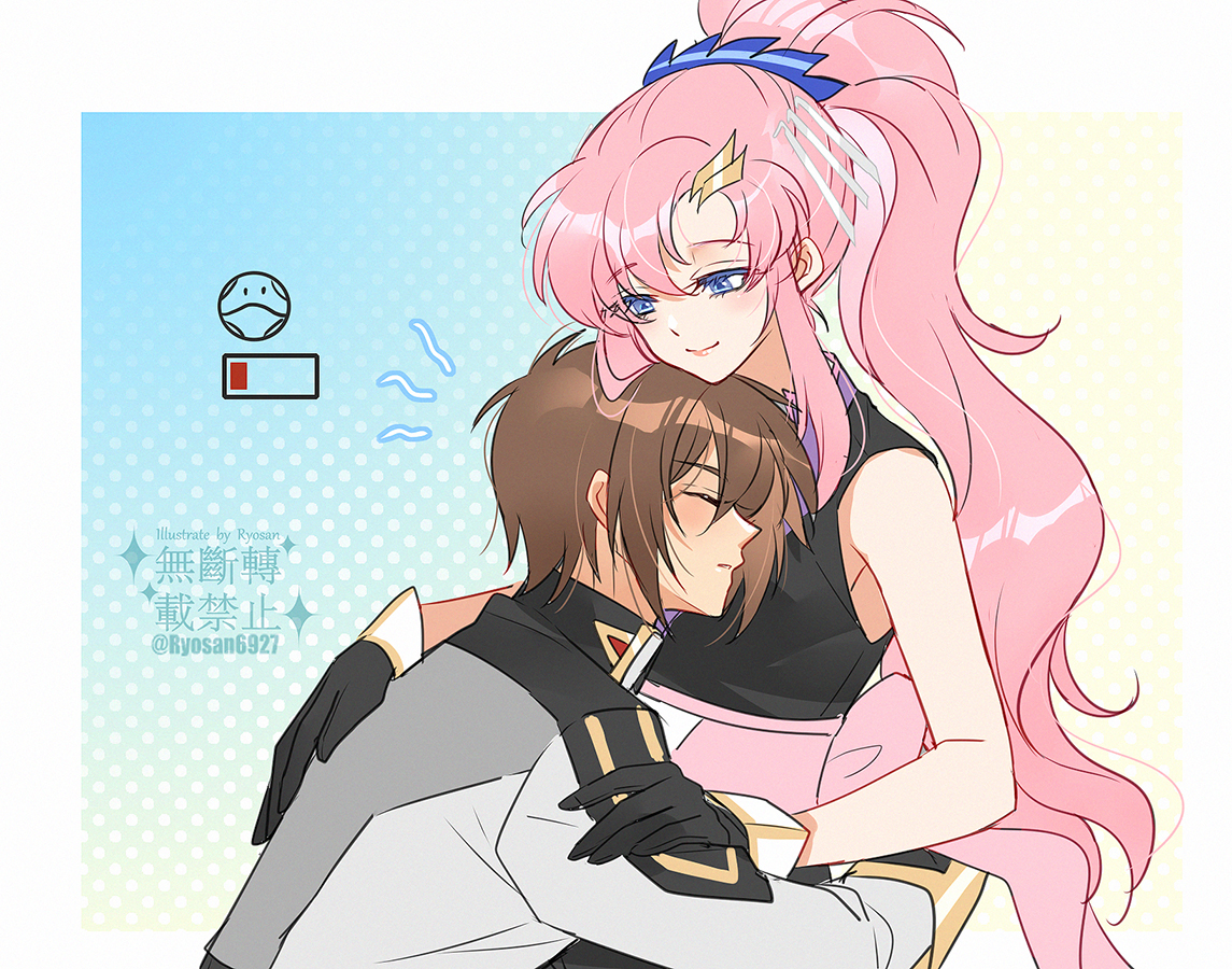 tsuna2727, kira yamato, lacus clyne, gundam, gundam seed, gundam seed freedom, commentary request, 1boy, 1girl, artist name, back, black dress, blue eyes, brown hair, closed eyes, dress, high ponytail, hug, long hair, pink hair, ponytail, sleeveless, smile, twitter username, watermark