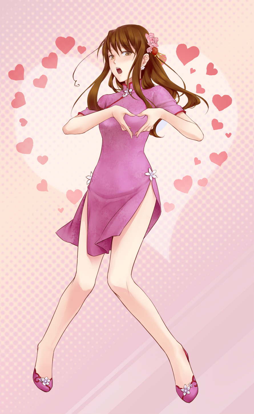 onigiri-kun (demmy), taiwan (hetalia), axis powers hetalia, highres, 00s, 1girl, ahoge, brown hair, china dress, chinese clothes, dress, earrings, female focus, flats, flower, hair flower, hair ornament, heart, heart hands, jewelry, legs, long hair, moe moe kyun!, open mouth, plum blossoms, short dress, side slit, solo, yellow eyes