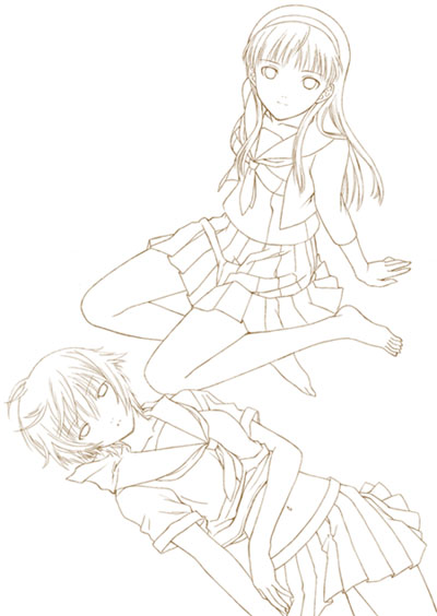 seiru (prairie), amagi yukiko, shirogane naoto, atlus, persona, persona 4, 2girls, barefoot, brown theme, clothes lift, feet, hairband, long hair, lying, midriff, monochrome, multiple girls, navel, school uniform, serafuku, shirt lift, short hair, sitting, skirt, yokozuwari