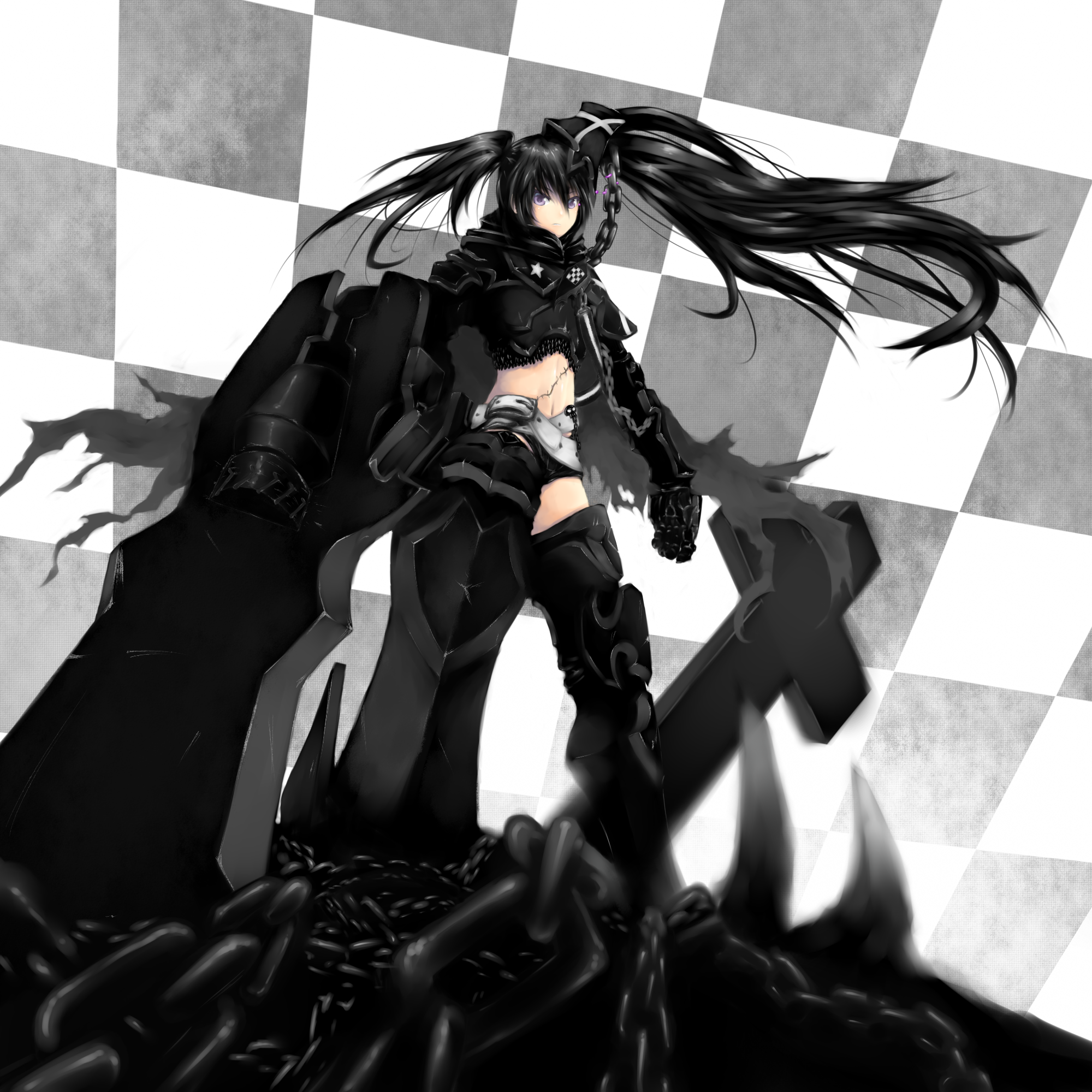 maaron, maron, insane black rock shooter, black rock shooter, highres, 10s, 1girl, armor, belt, black hair, boots, chain, cross, female focus, gauntlets, greaves, huge weapon, long hair, midriff, pale skin, purple eyes, scar, shorts, solo, stitches, thigh boots, thighhighs, twintails, weapon