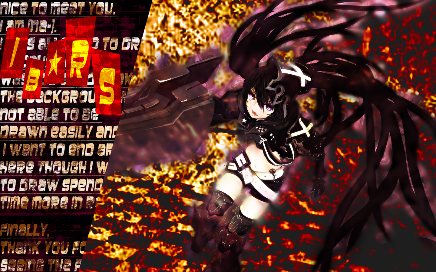 itinana, insane black rock shooter, black rock shooter, bad id, bad pixiv id, 10s, 1girl, armor, belt, black hair, boots, chain, english text, fangs, female focus, gauntlets, greaves, long hair, midriff, pale skin, purple eyes, shorts, solo, thigh boots, thighhighs, twintails