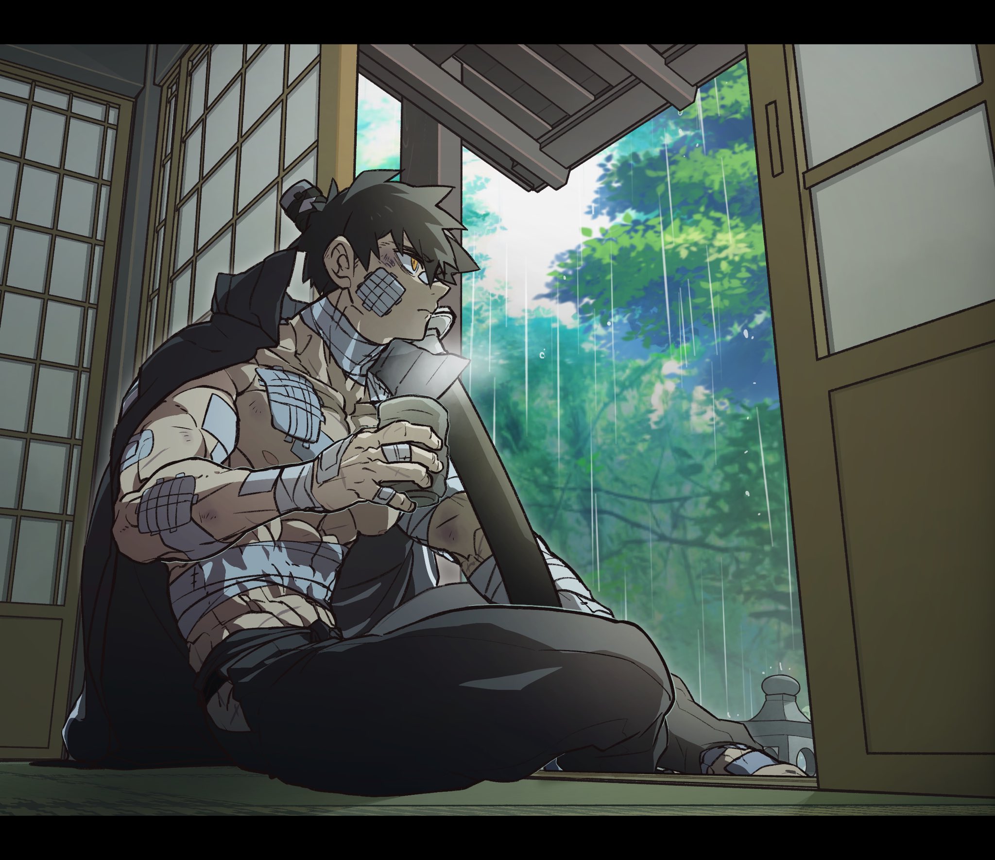 cyp1a2, doudanuki masakuni, touken ranbu, commentary, highres, symbol-only commentary, 1boy, black hair, black pants, bruise, closed mouth, cup, gauze, indoors, injury, looking outside, male focus, muscular, muscular male, pants, rain, short hair, sitting, sliding doors, solo, stone lantern, yunomi