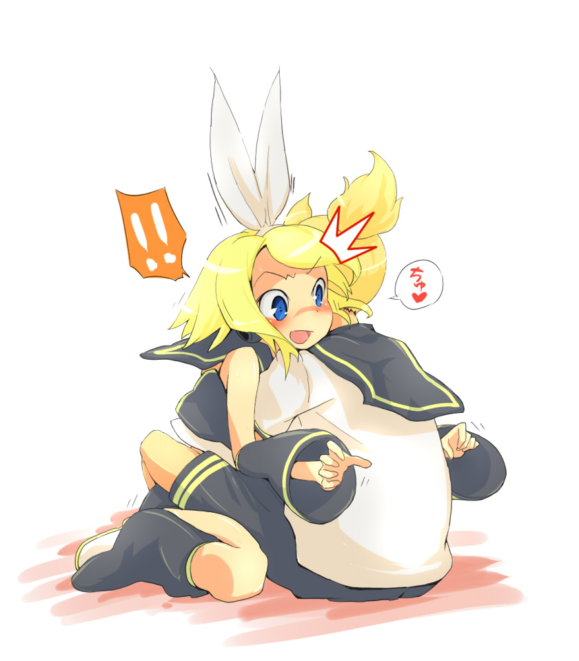ma (2ql), kagamine len, kagamine rin, vocaloid, bad id, bad pixiv id, !, !!, 1boy, 1girl, ^^^, blonde hair, blue eyes, blush, brother and sister, hair ribbon, heart, hetero, hug, incest, kiss, open mouth, ponytail, ribbon, short hair, shorts, siblings, sitting, surprised, twincest, twins