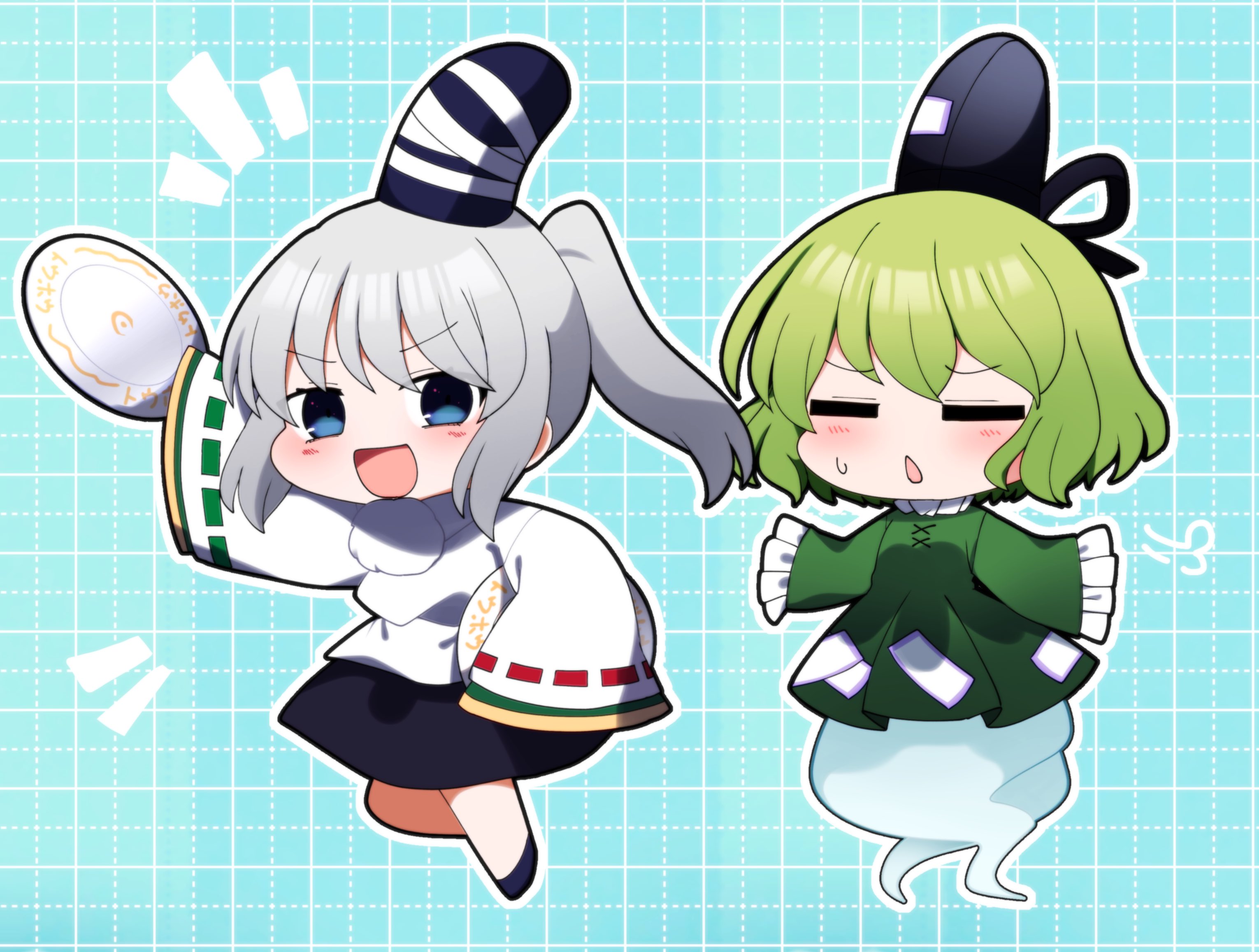 you (noanoamoemoe), mononobe no futo, soga no tojiko, touhou, commentary, highres, 2girls, black skirt, blue background, chibi, closed eyes, dress, frilled sleeves, frills, full body, green dress, green hair, grey hair, hat, long sleeves, looking at viewer, medium hair, multiple girls, no nose, open mouth, shirt, shoes, skirt, sleeves past fingers, sleeves past wrists, smile, sweatdrop, v-shaped eyebrows, white shirt, wide sleeves