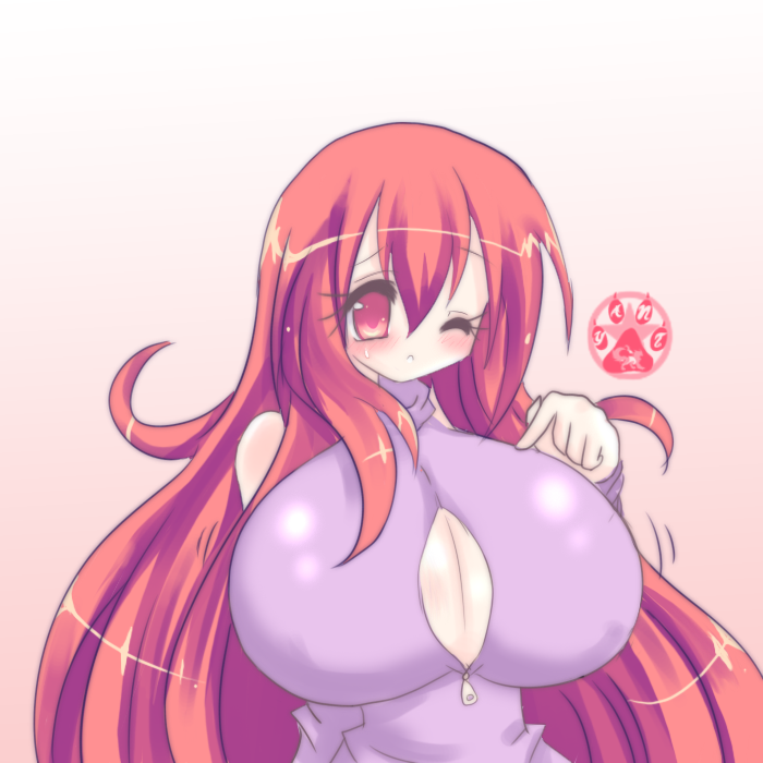 yant, yanti (character), blush, breasts, huge breasts, red eyes, red hair, sweat, wink
