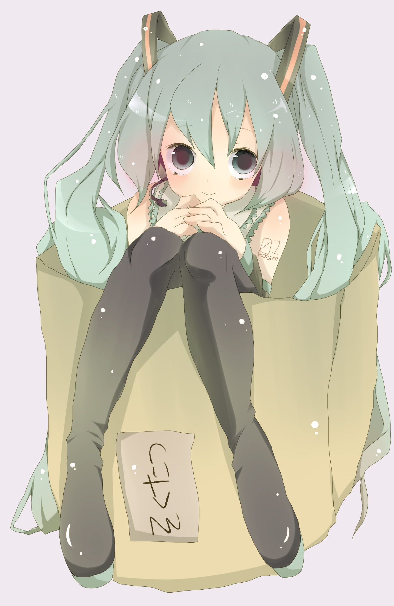 monako, hatsune miku, vocaloid, bad id, bad pixiv id, highres, aqua eyes, aqua hair, box, in box, in container, long hair, microphone, smile, solo, thighhighs, twintails
