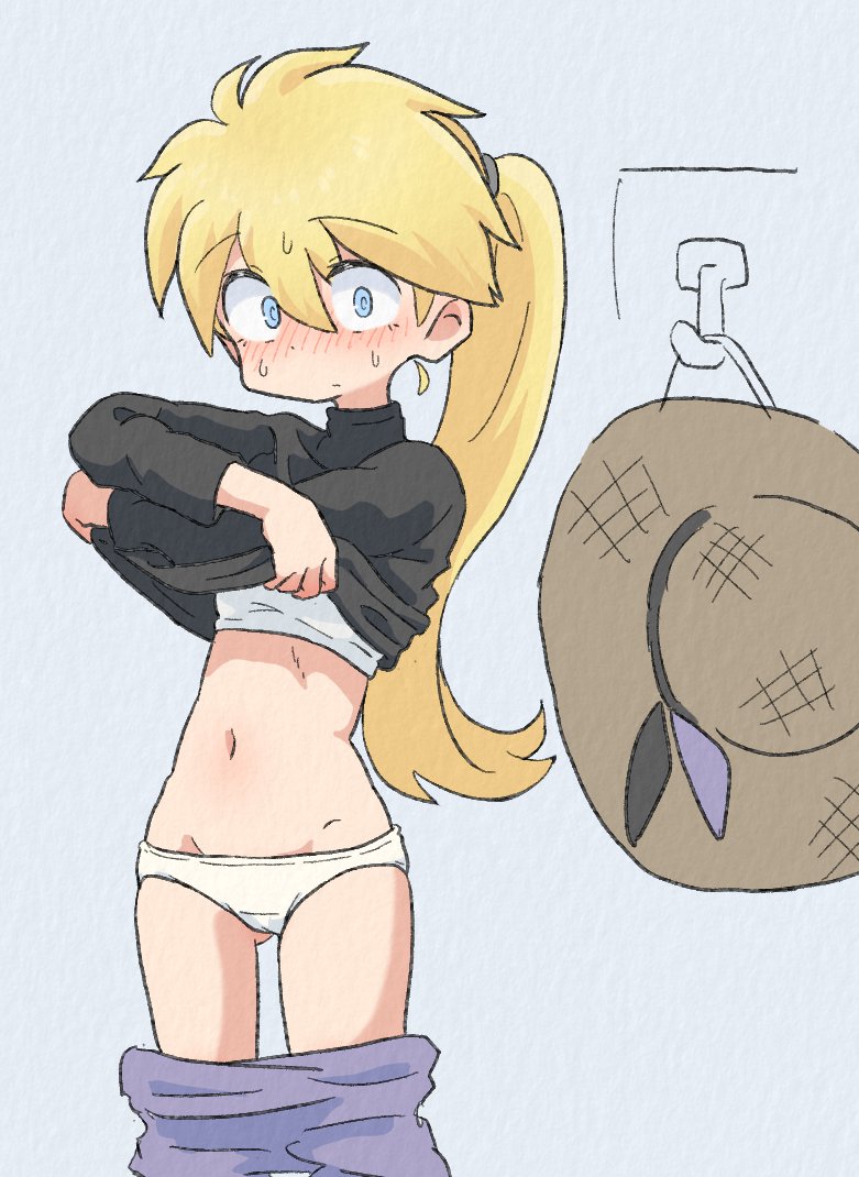sagami sagari, yellow (pokemon), nintendo, pokemon, pokemon adventures, commentary request, 1girl, black ribbon, black sweater, blonde hair, blue eyes, blush, bra, gluteal fold, hair between eyes, hat, hat ribbon, lifting own clothes, long hair, loose hair strand, low ponytail, panties, pants, paper texture, ponytail, ribbon, solo, straw hat, sweat, sweatdrop, sweater, training bra, underwear, undressing, unworn hat, unworn headwear, white panties