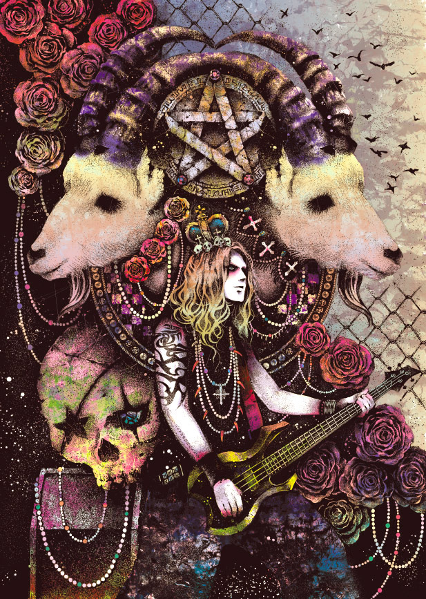 naki ringo, original, bad id, bad pixiv id, gender request, androgynous, goat, guitar, instrument, pentagram, skull, solo