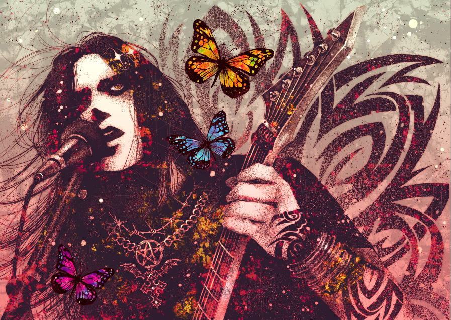 naki ringo, original, bad id, bad pixiv id, 1boy, guitar, instrument, male focus, solo, tattoo