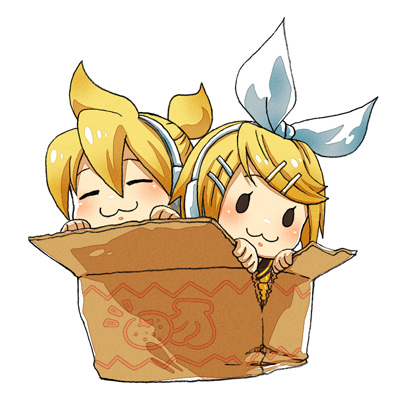 suzu (meabeasheep), suzu (pixiv98534), kagamine len, kagamine rin, vocaloid, bad id, bad pixiv id, lowres, 1boy, 1girl, :3, blonde hair, box, brother and sister, cardboard box, chibi, hair ornament, hair ribbon, hairclip, headphones, in container, ribbon, short hair, siblings, twins
