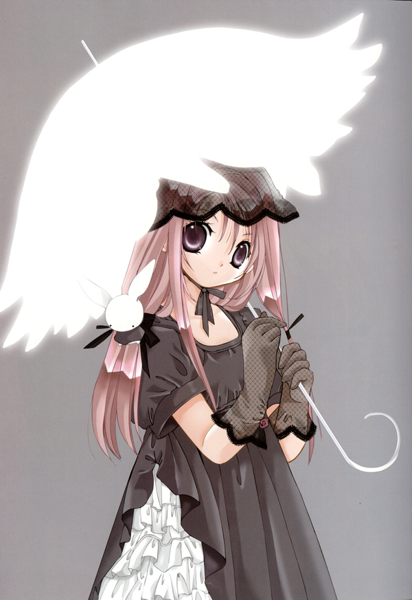 koge donbo, misha, misha (pita ten), pita ten, 1girl, dress, female focus, hat, pink hair, purple eyes, solo, umbrella