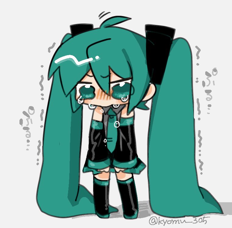 kyomu 305, hatsune miku, vocaloid, commentary request, 1girl, absurdly long hair, blue eyes, blue hair, boots, chibi, chibi only, collared shirt, crying, detached sleeves, full body, hair ornament, long hair, long sleeves, necktie, shirt, skirt, sleeveless, sleeveless shirt, solo, tears, thigh boots, trembling, twintails, very long hair