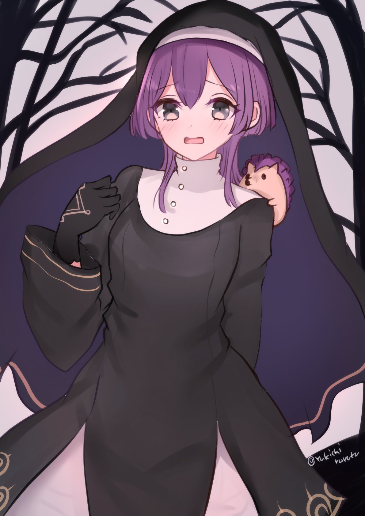 yukichi (yukichi rururu), bernadetta von varley, bernadetta von varley (timeskip), fire emblem, fire emblem: three houses, nintendo, highres, 1girl, alternate costume, black dress, black gloves, breasts, dress, gloves, grey eyes, halloween costume, long hair, looking at viewer, nun, purple hair, small breasts, solo, stuffed animal, stuffed hedgehog, stuffed toy, veil