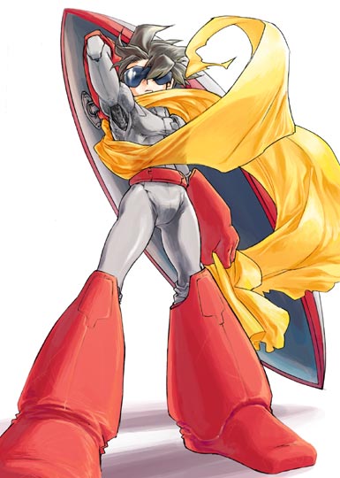 proto man, capcom, mega man (classic), mega man (series), 1boy, black hair, joints, male focus, mecha, robot, robot joints, scarf, shield, solo, sunglasses