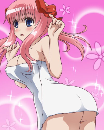 awa, haramura nodoka, saki (manga), lowres, 00s, 1girl, areola slip, ass, blue eyes, blush, breasts, cleavage, covered erect nipples, cowboy shot, female focus, impossible towel, long hair, naked towel, no panties, pink hair, solo, sparkle, towel