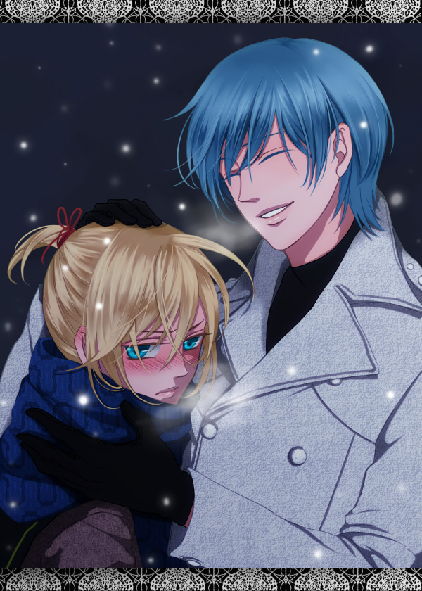 wii hola, kagamine len, kaito (vocaloid), vocaloid, bad id, bad pixiv id, 2boys, aqua eyes, blonde hair, blue hair, blue scarf, blush, coat, double-breasted, gloves, hair ribbon, male focus, multiple boys, ponytail, ribbon, scarf, smile, snow